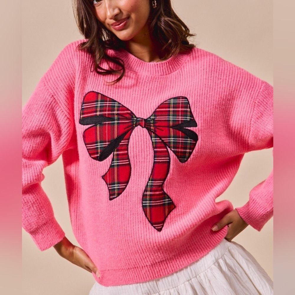 SO ME Women's Pink Plaid Bow Appliqué Sweater Oversized Holiday Knits sz XL